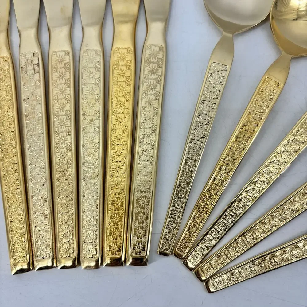Vtg Thocadero Hollywood Gold Spoons Fork Dinner Knives Korea Stainless